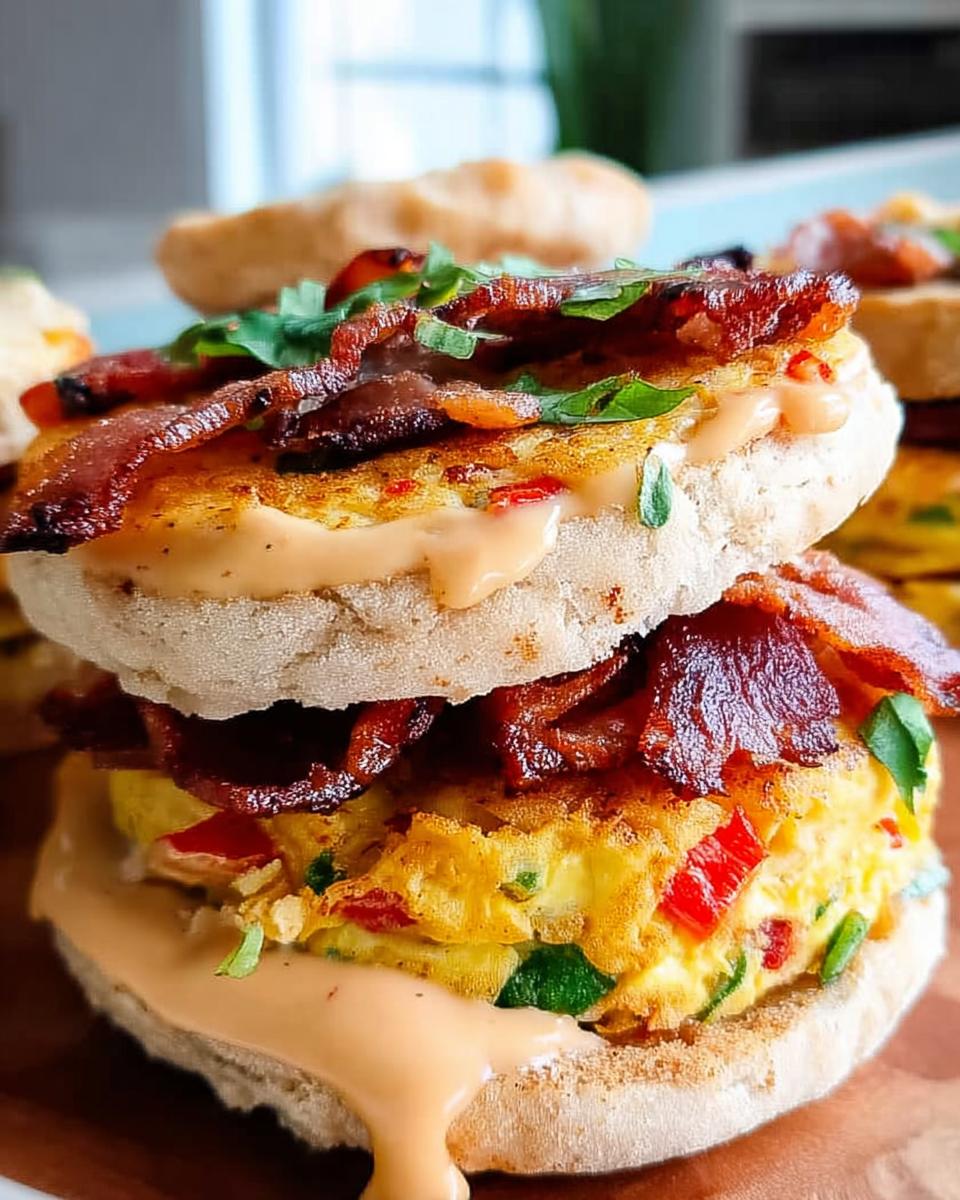 A close-up of a Spicy Chipotle Egg Breakfast Sandwich stacked with scrambled eggs, bacon, and sauce on an English muffin.