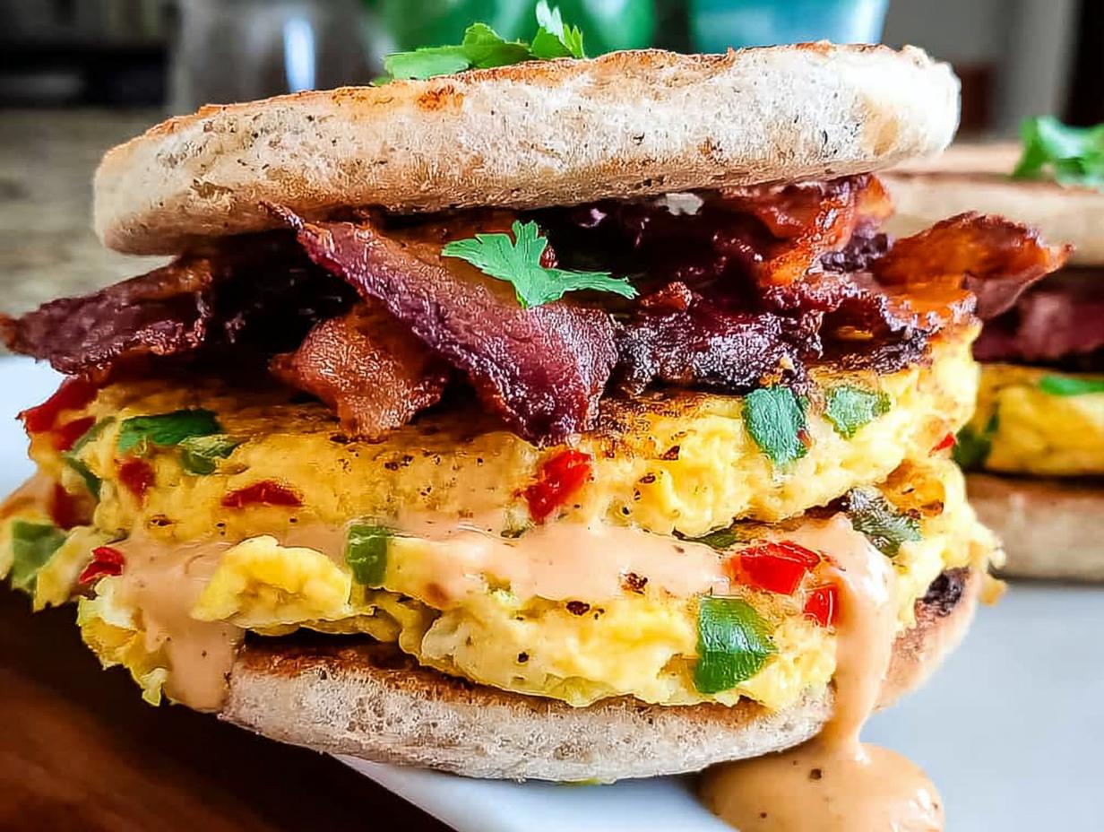A close-up of a stacked Spicy Chipotle Egg Breakfast Sandwich with crispy bacon and creamy sauce.