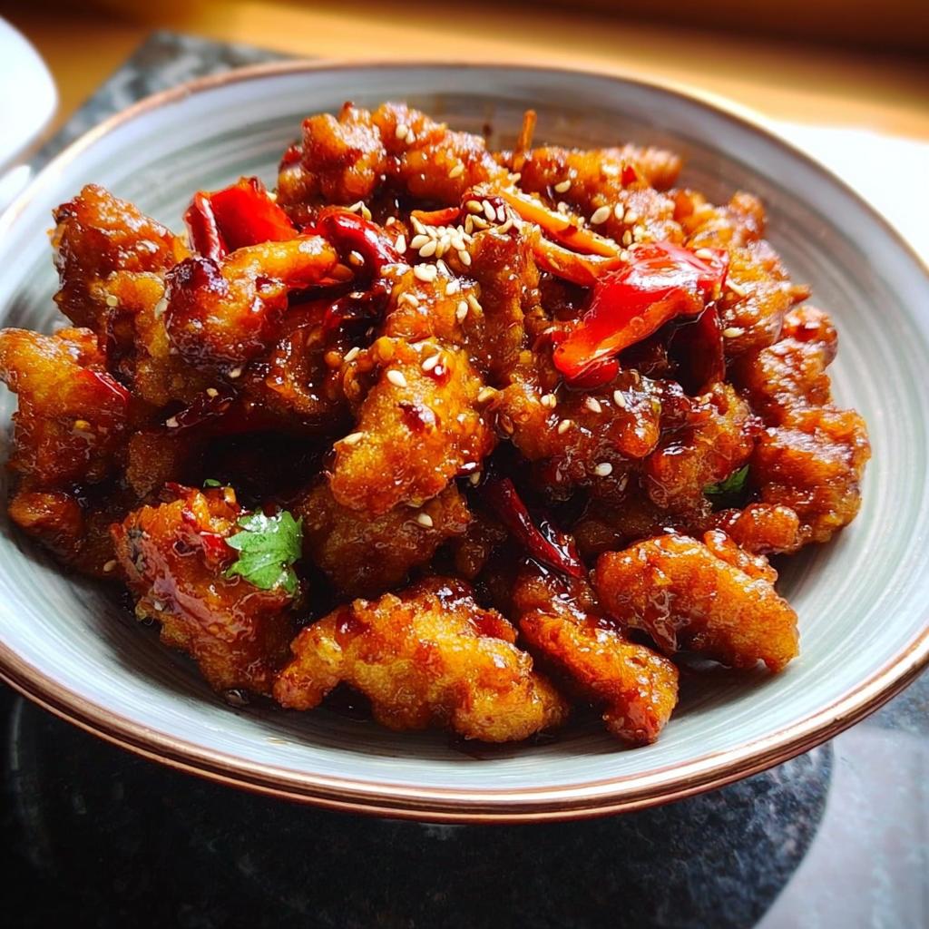 Close-up of Spicy Dragon Chicken in a bowl, coated in a glossy sauce with red chilies and sesame seeds.