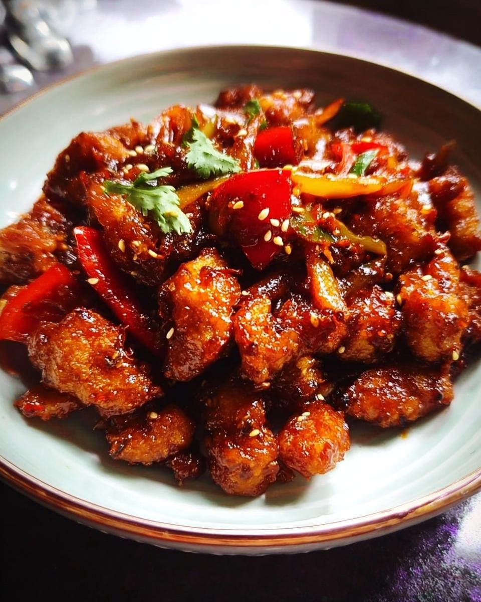 A close-up of Spicy Dragon Chicken, featuring crispy fried chicken pieces coated in a glossy, spicy sauce with red and green bell peppers and sesame seeds.