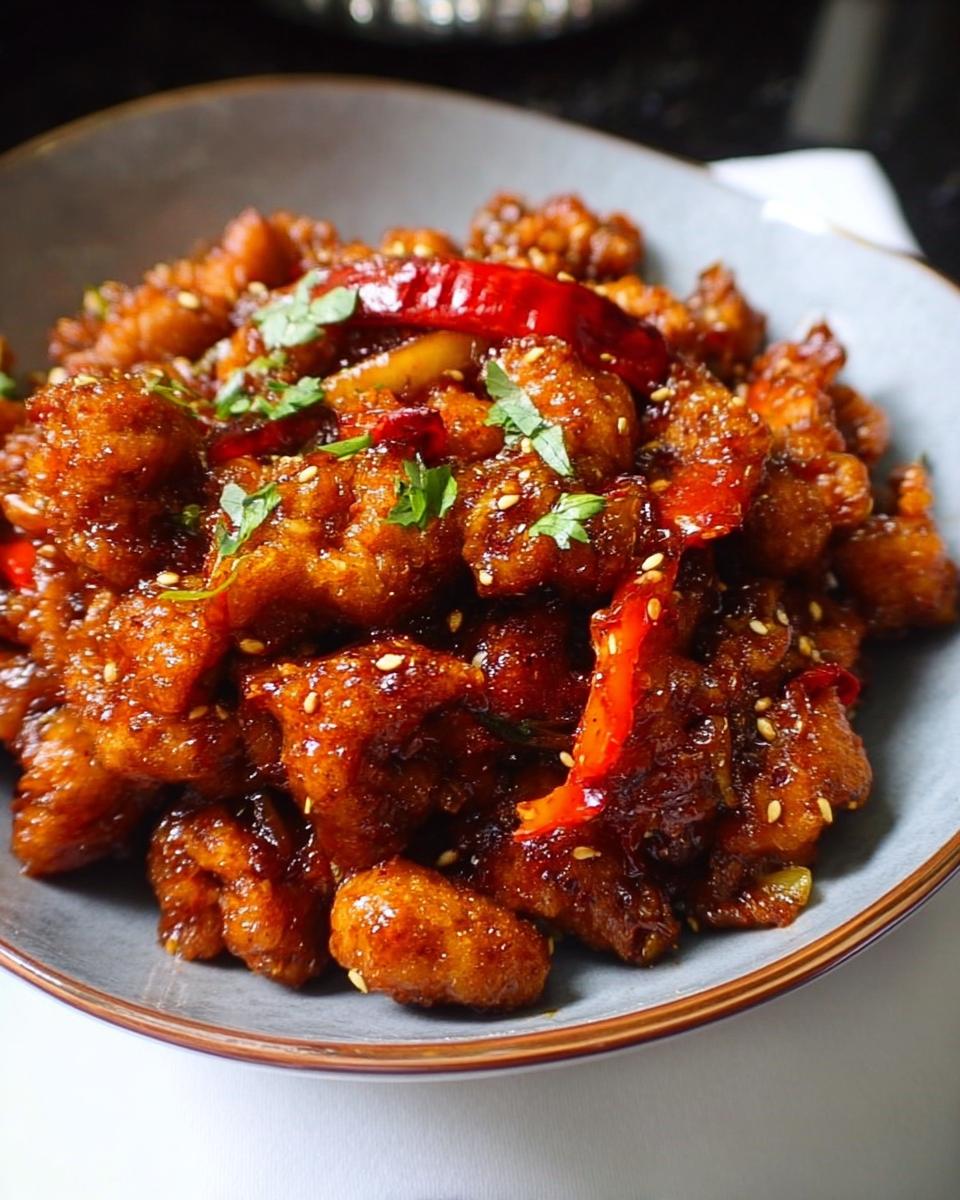 Close-up of Spicy Dragon Chicken, a glossy, deep-red Indo-Chinese dish with crispy chicken pieces, red chilies, and sesame seeds.