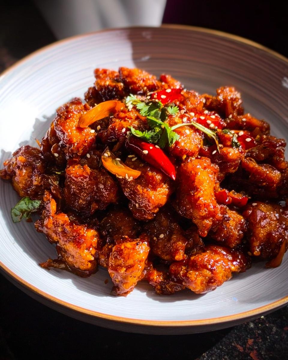 A close-up of Spicy Dragon Chicken, a crispy, saucy Indo-Chinese dish garnished with chilies and sesame seeds.