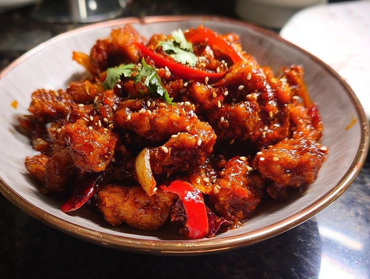 A bowl of Spicy Dragon Chicken, coated in a glossy sauce with sesame seeds, chili peppers, and cilantro.