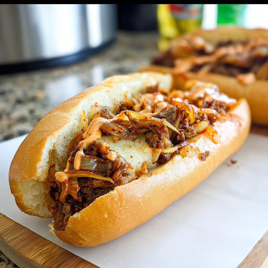 A close-up of a delicious Spicy Kimchi Bulgogi Cheesesteak sandwich, filled with marinated beef, kimchi, onions, and melted cheese, drizzled with sauce.