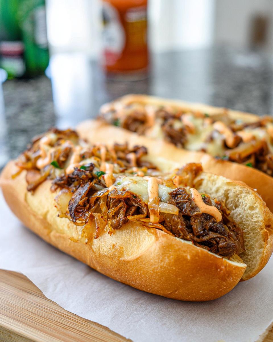 Close-up of a delicious Spicy Kimchi Bulgogi Cheesesteak sandwich, loaded with meat, onions, and cheese.