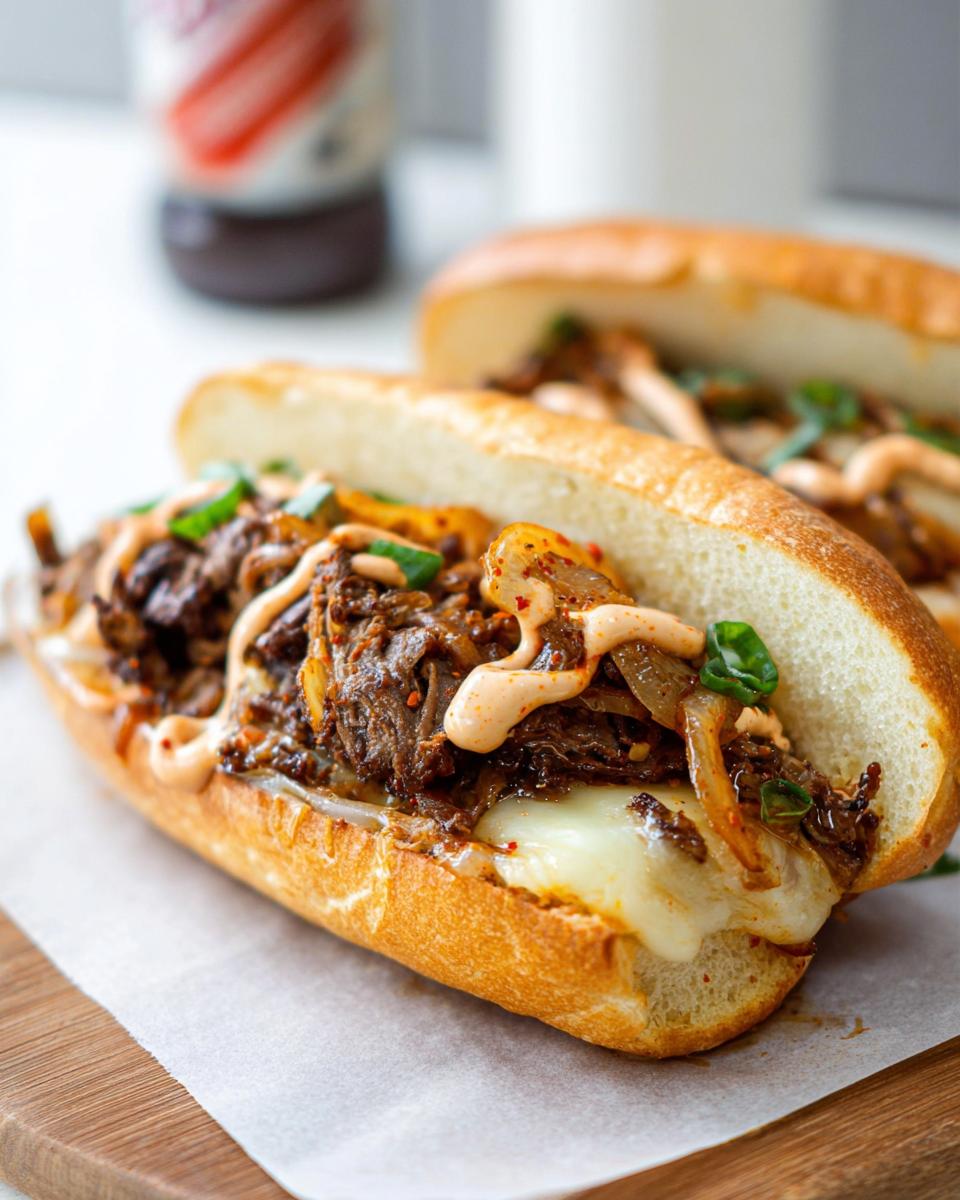 A close-up of a Spicy Kimchi Bulgogi Cheesesteak sandwich, overflowing with tender bulgogi beef, melted cheese, onions, and a drizzle of sauce.