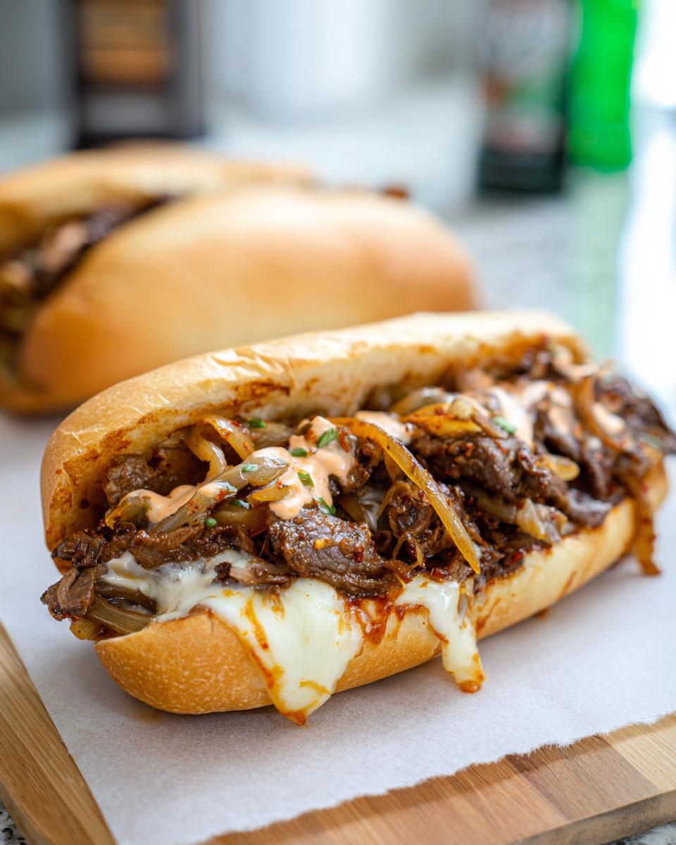 A close-up of a Spicy Kimchi Bulgogi Cheesesteak sandwich overflowing with tender beef, onions, and melted cheese.