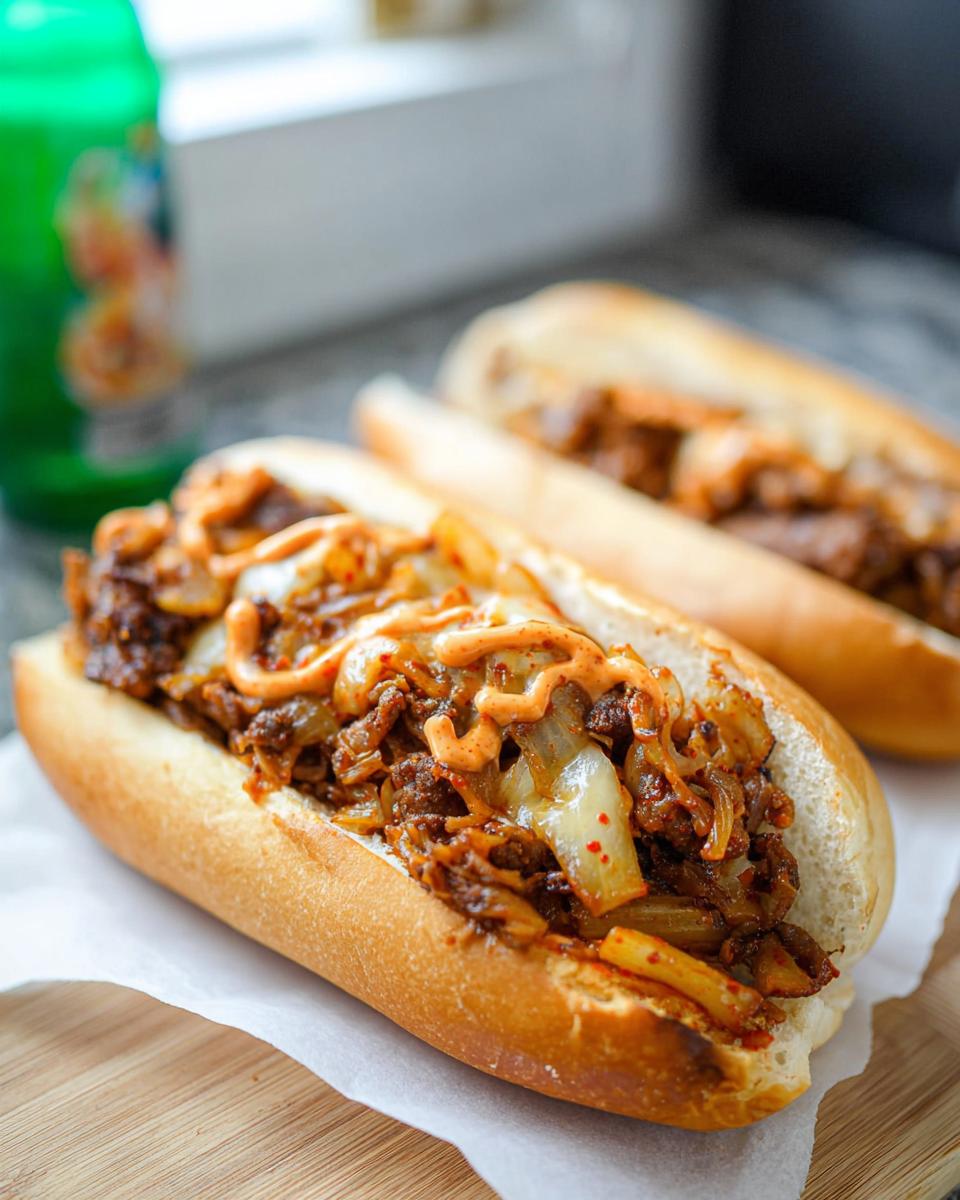 A close-up of a delicious Spicy Kimchi Bulgogi Cheesesteak sandwich overflowing with filling and drizzled with sauce.