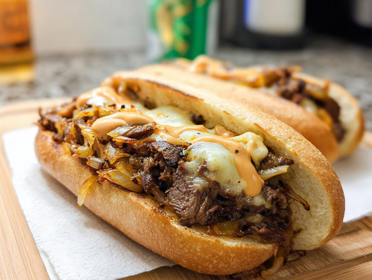 A close-up of a delicious Spicy Kimchi Bulgogi Cheesesteak sandwich filled with tender bulgogi beef, melted cheese, and caramelized onions.