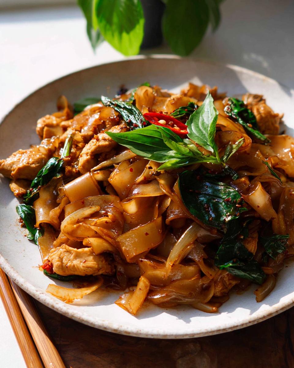 A close-up of Street Style Thai Drunken Noodles with wide rice noodles, chicken, onions, basil, and chili.