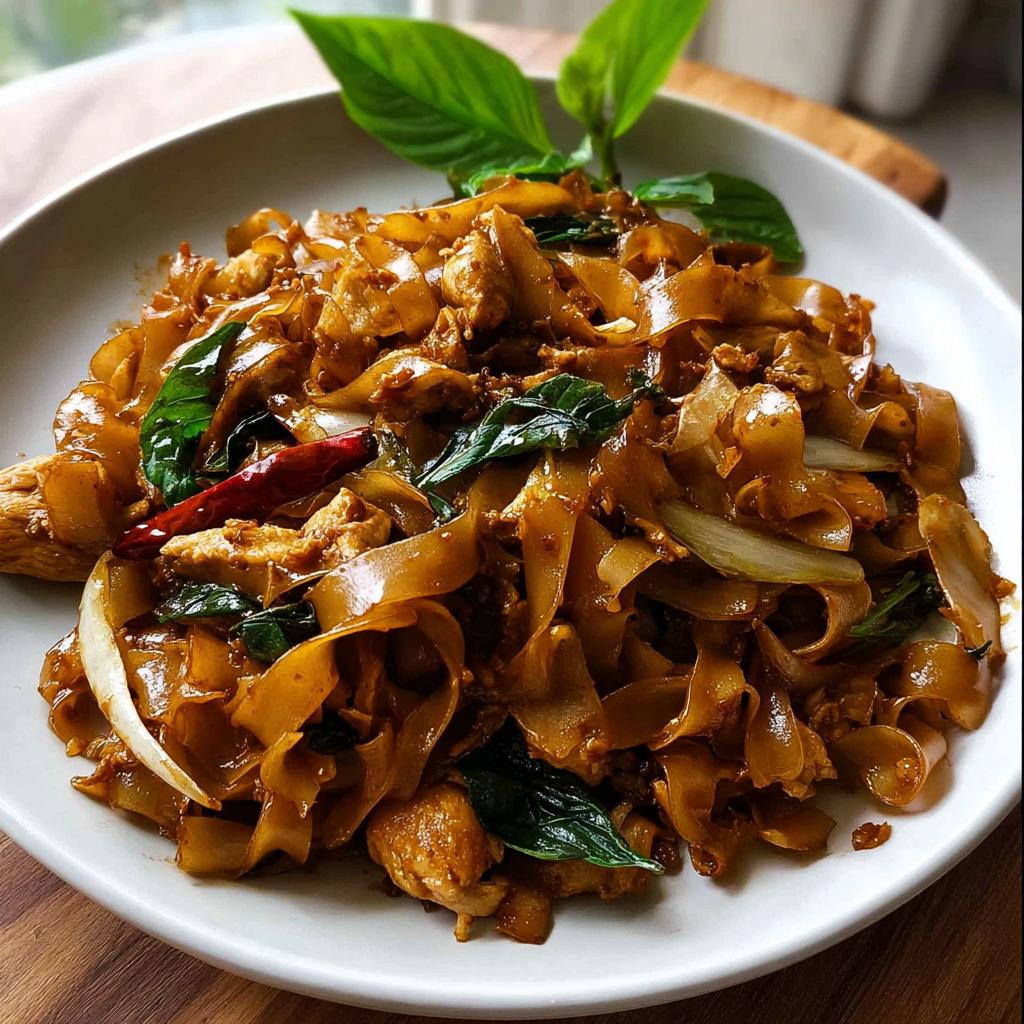 A close-up of a plate of Street Style Thai Drunken Noodles with chicken, wide rice noodles, basil, and chili.