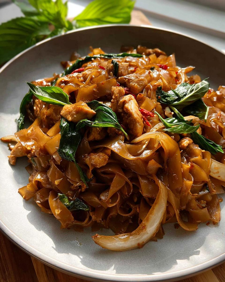 A close-up of a plate of delicious Street Style Thai Drunken Noodles with chicken, fresh basil, and chili.