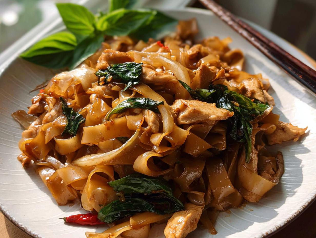 A close-up of a plate of Street Style Thai Drunken Noodles with tender chicken pieces, wide rice noodles, and fresh basil leaves.