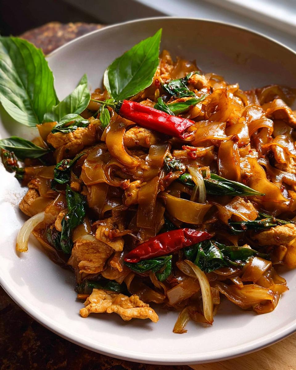 Close-up of Street Style Thai Drunken Noodles with wide rice noodles, chicken, basil, and red chilies.