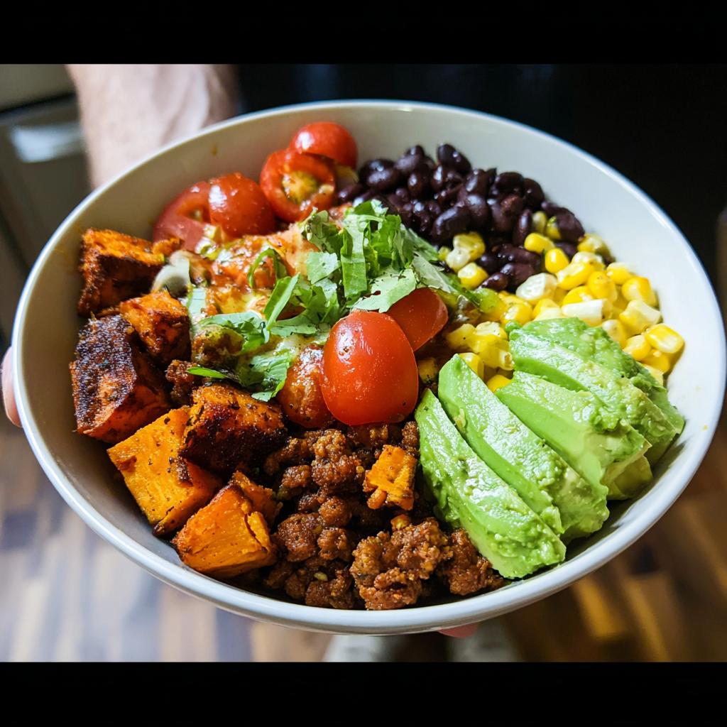 A vibrant Sweet Potato Taco Bowl filled with roasted sweet potatoes, seasoned ground meat, black beans, corn, avocado, and cherry tomatoes.