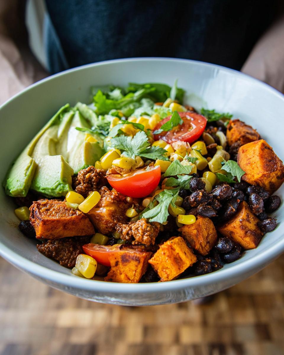 A vibrant Sweet Potato Taco Bowl filled with roasted sweet potatoes, black beans, corn, avocado, and tomatoes.