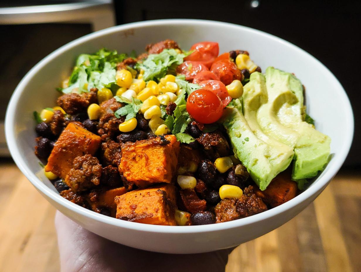 A vibrant Sweet Potato Taco Bowl filled with roasted sweet potatoes, black beans, corn, cherry tomatoes, avocado slices, and shredded lettuce.
