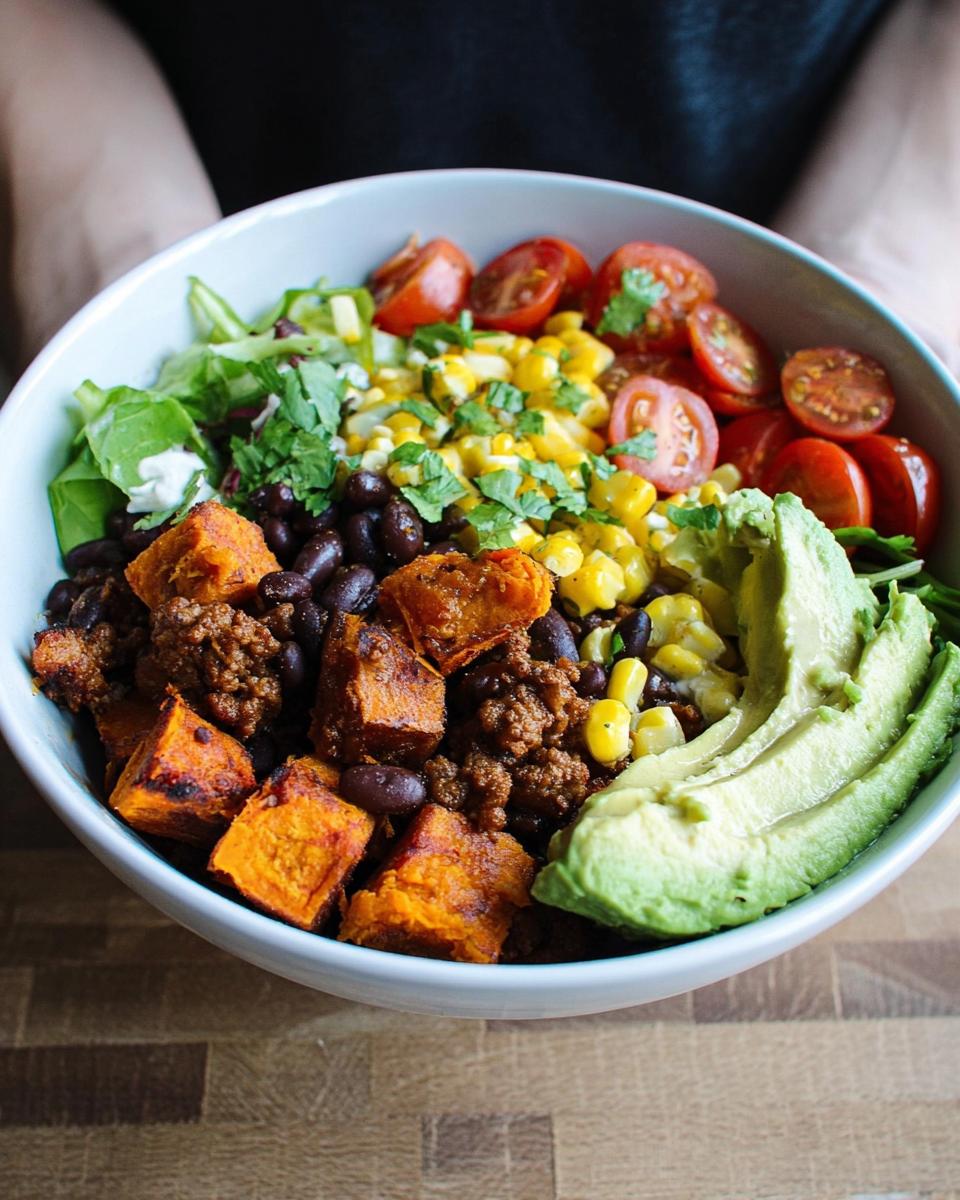 A vibrant Sweet Potato Taco Bowl filled with seasoned ground meat, black beans, corn, cherry tomatoes, avocado, and lettuce.