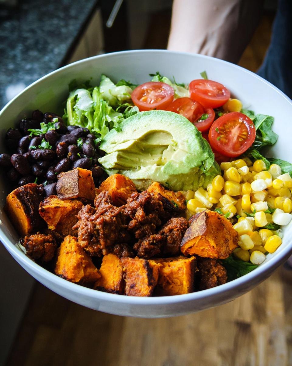 A vibrant Sweet Potato Taco Bowl filled with roasted sweet potatoes, black beans, corn, avocado, and tomatoes.