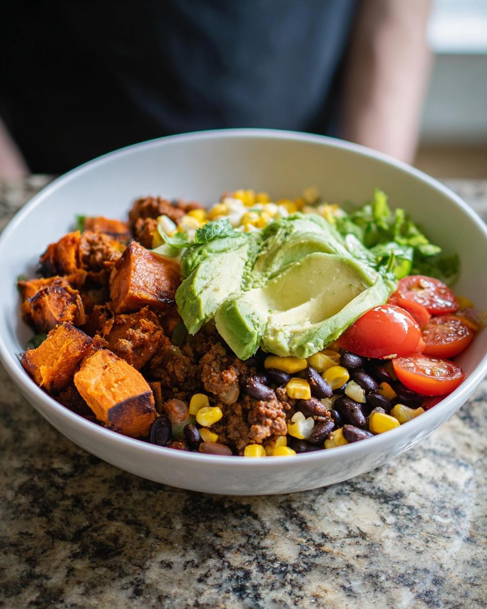 A vibrant Sweet Potato Taco Bowl filled with roasted sweet potatoes, seasoned ground meat, black beans, corn, avocado, and tomatoes.