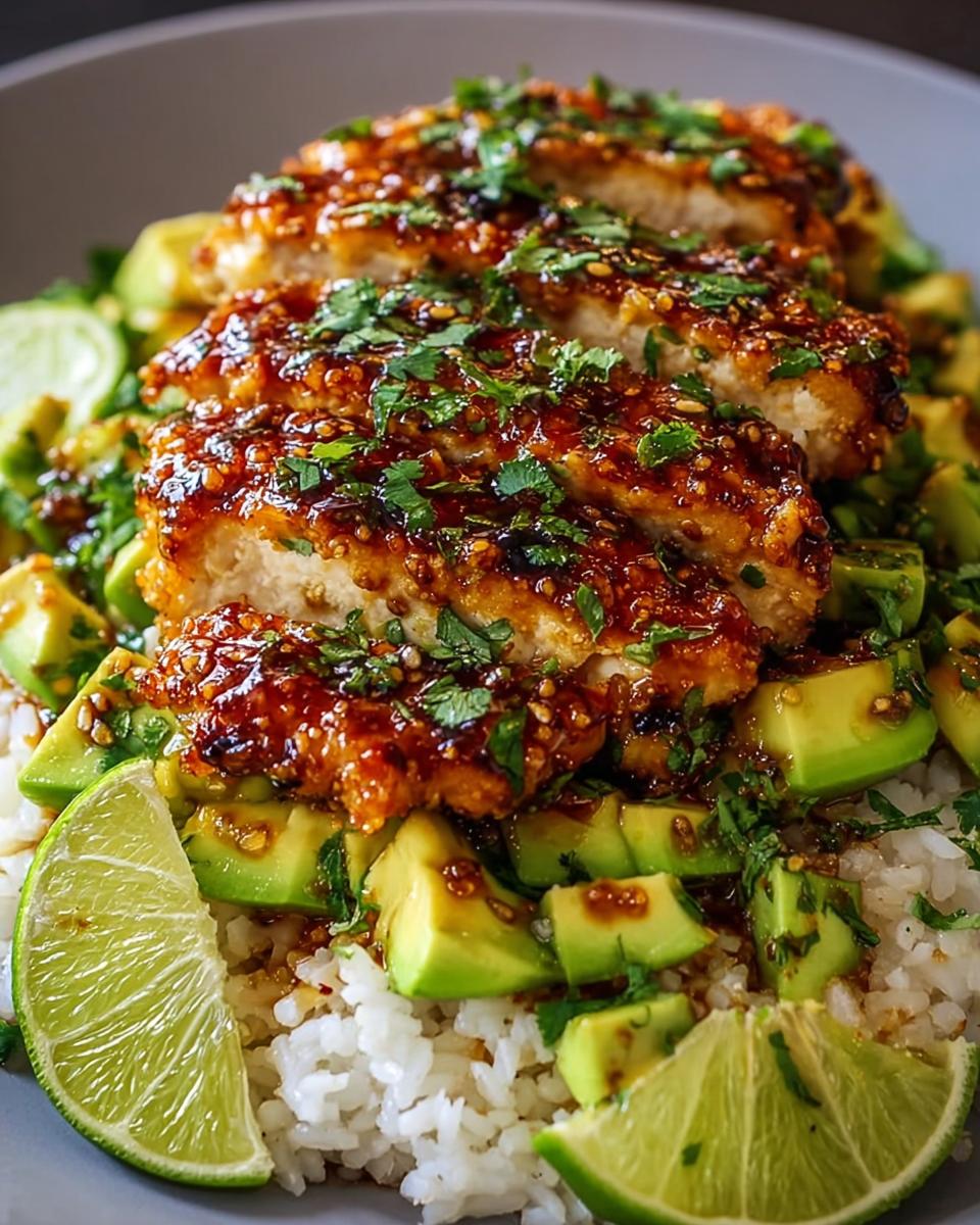 Close-up of Tangy Honey Lime Chicken Delight served over rice with diced avocado and lime wedges.