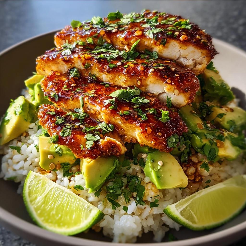 A bowl of Tangy Honey Lime Chicken Delight featuring sliced chicken, avocado, rice, and lime wedges.