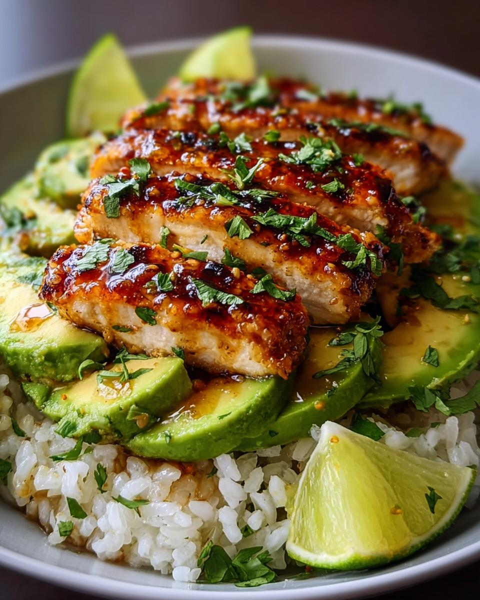 Close-up of sliced Tangy Honey Lime Chicken Delight served over rice with avocado slices and lime wedges.