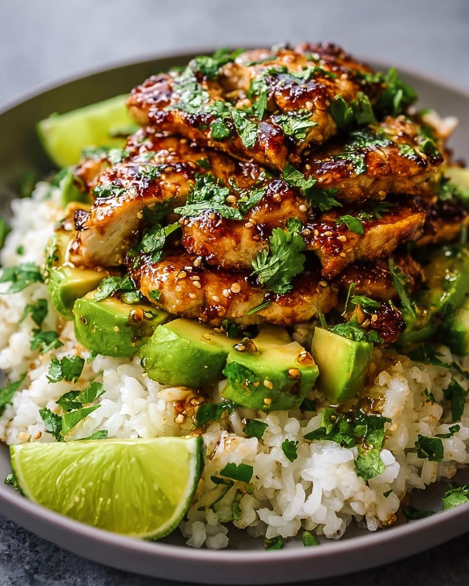 A bowl of Tangy Honey Lime Chicken Delight served over rice with avocado chunks and lime wedges.