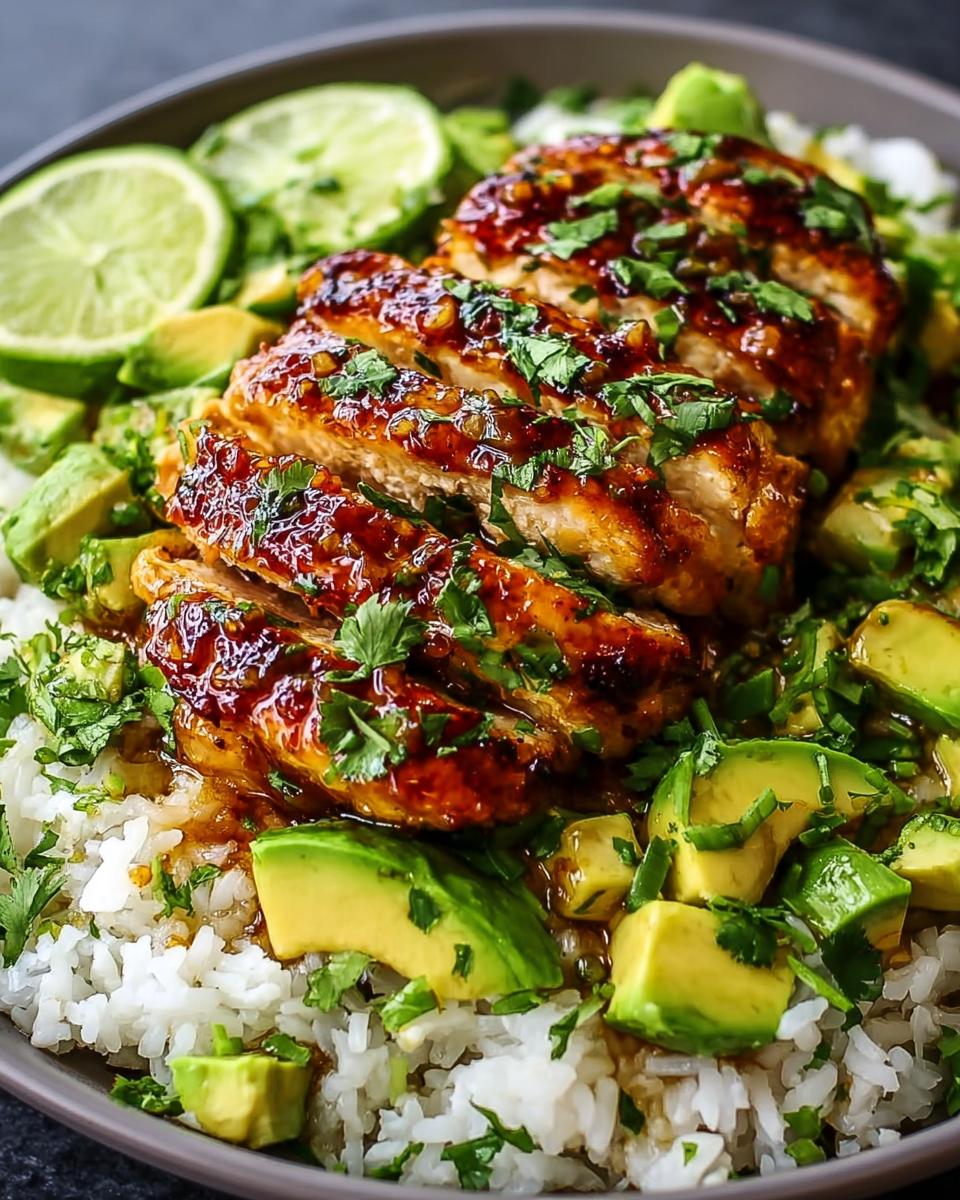 Close-up of sliced Tangy Honey Lime Chicken Delight served over white rice with diced avocado and lime slices.