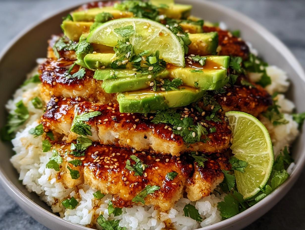 A bowl of Tangy Honey Lime Chicken Delight served over white rice, topped with sliced avocado, lime wedges, and cilantro.