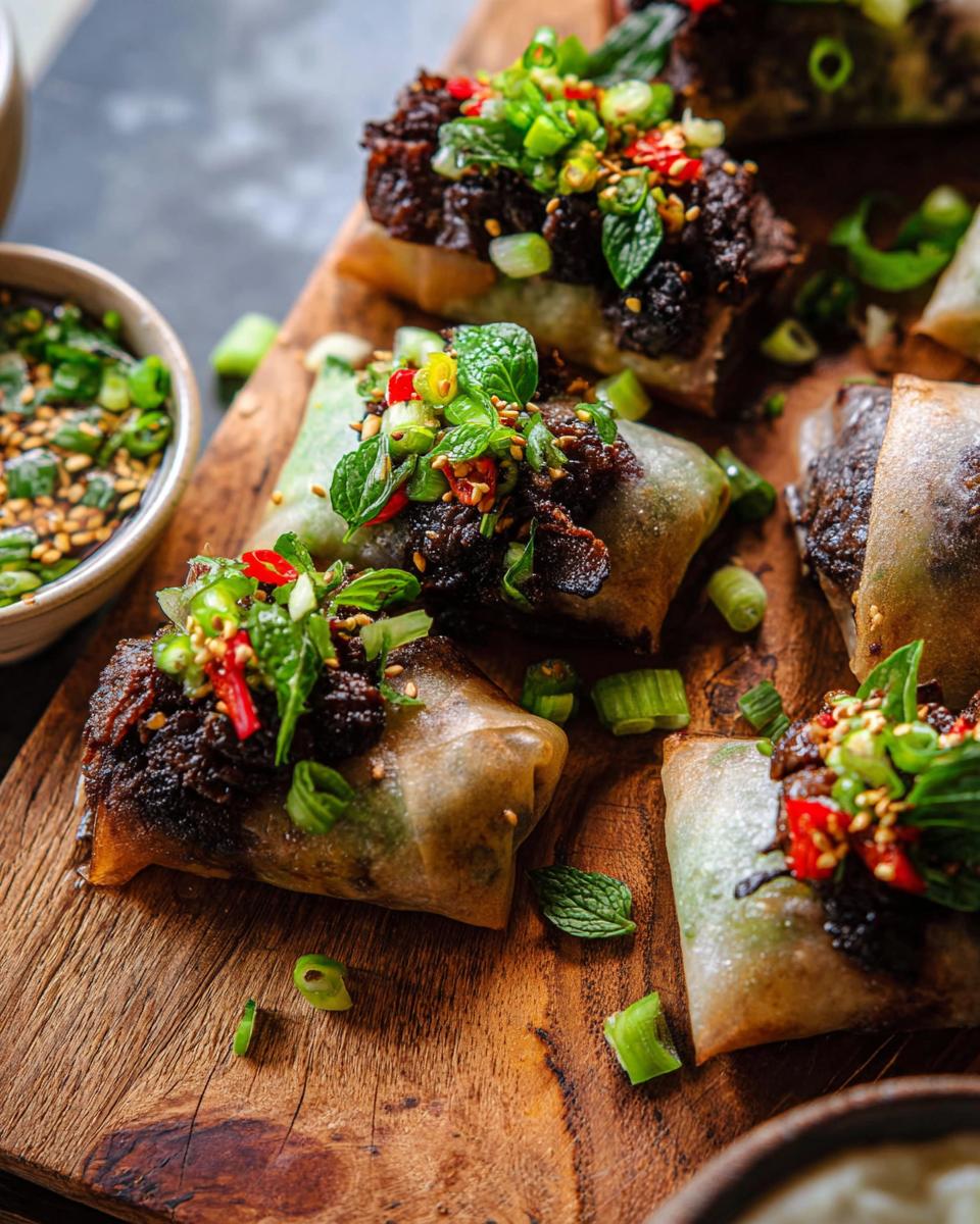 Close-up of crispy Thai Basil Beef Rolls topped with fresh herbs, chili, and scallions on a wooden board.