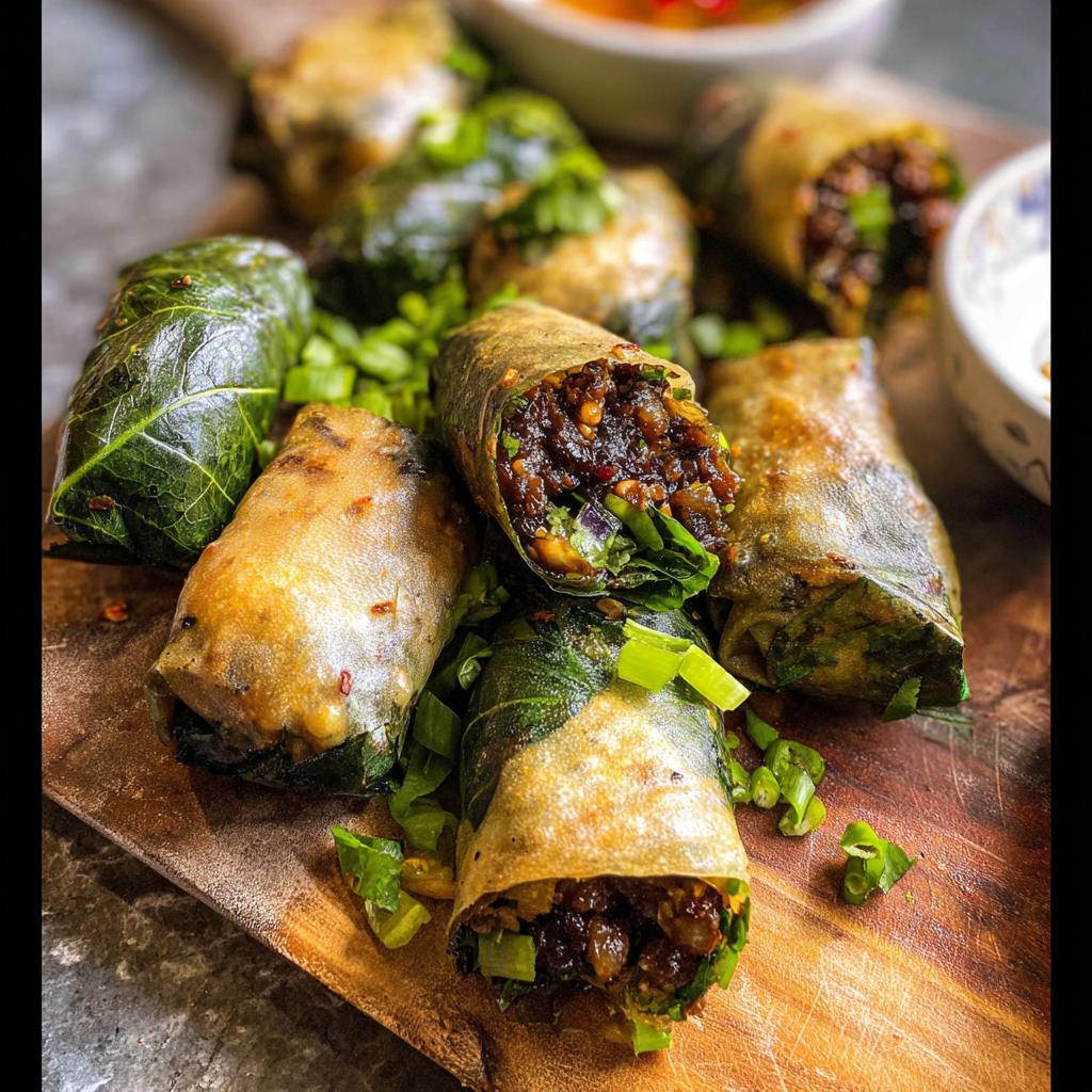 Close-up of crispy Thai Basil Beef Rolls, some wrapped in leaves and others in golden-brown wrappers, garnished with chopped green onions.