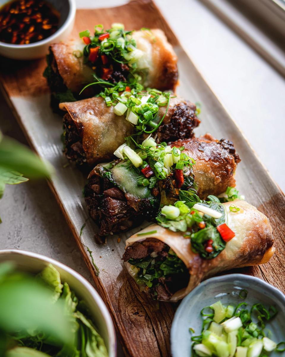 Close-up of golden-brown Thai Basil Beef Rolls, topped with fresh scallions and chili, served on a wooden platter.