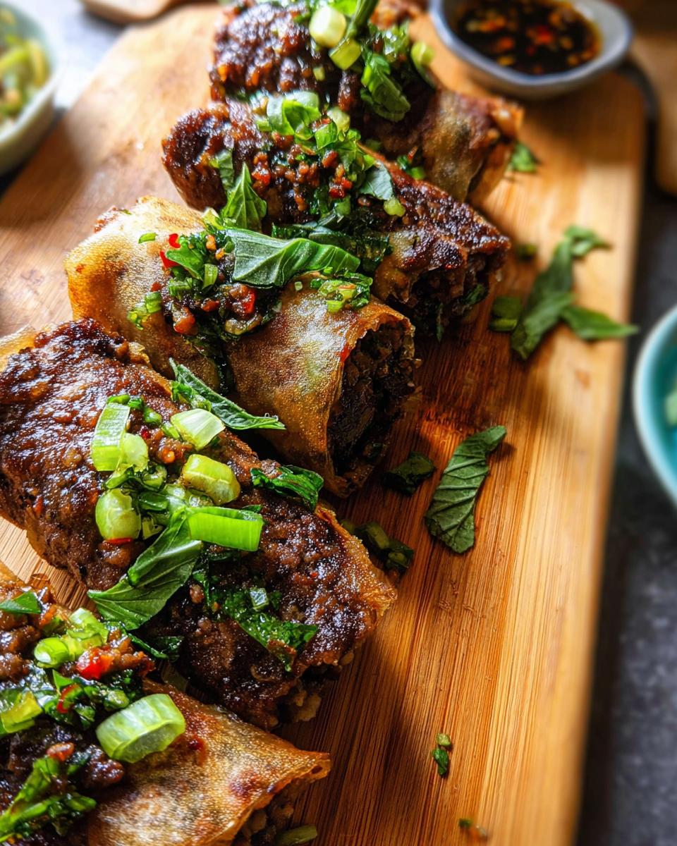 Close-up of golden-brown Thai Basil Beef Rolls, topped with fresh green onions and herbs, served on a wooden board.