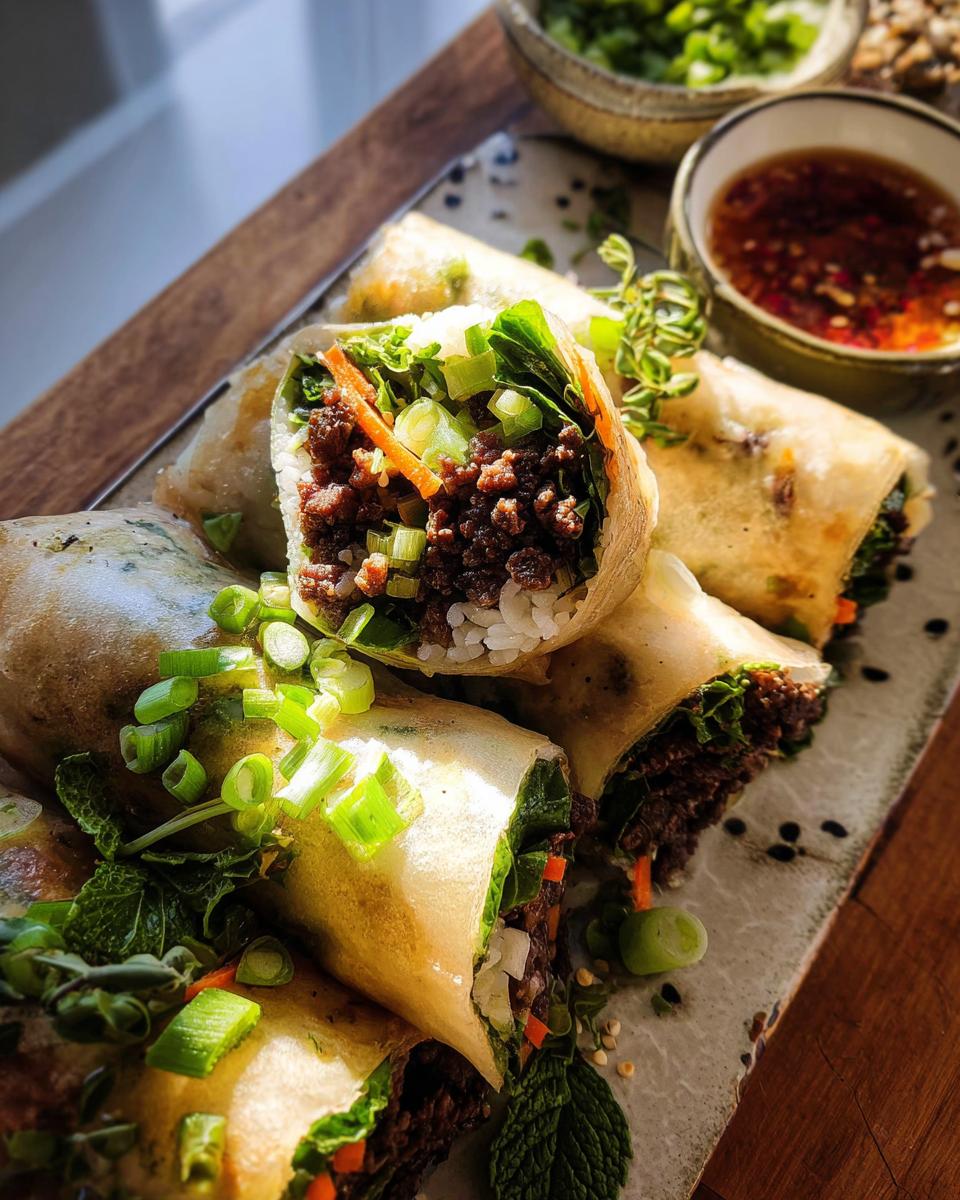 Close-up of delicious Thai Basil Beef Rolls filled with seasoned ground beef, rice, carrots, and greens, garnished with scallions and mint.