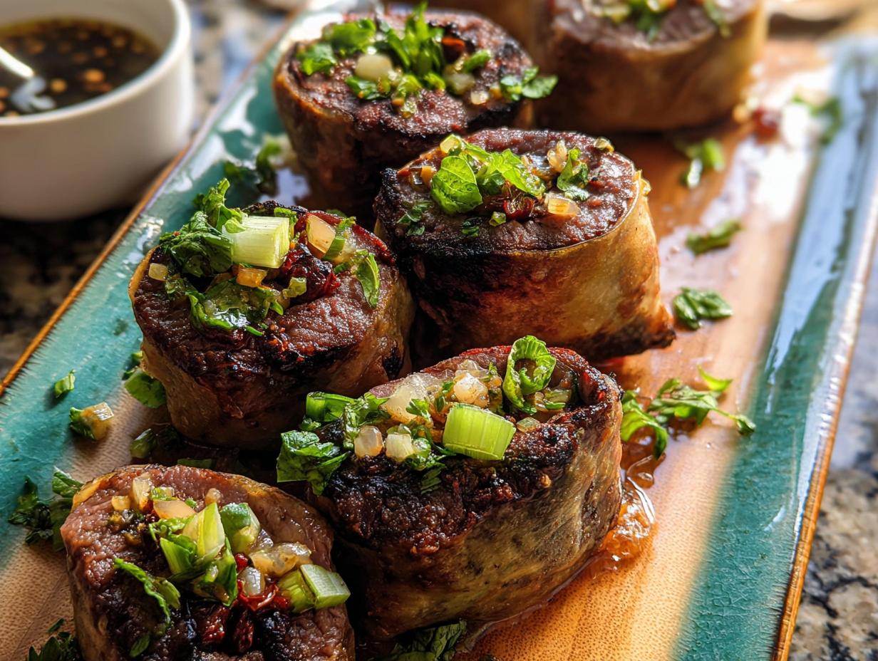 Close-up of delicious Thai Basil Beef Rolls, topped with fresh herbs and spices, served on a platter.