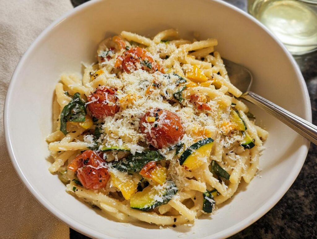 A bowl of delicious Tomato Zucchini Pasta, topped with grated cheese and fresh herbs.