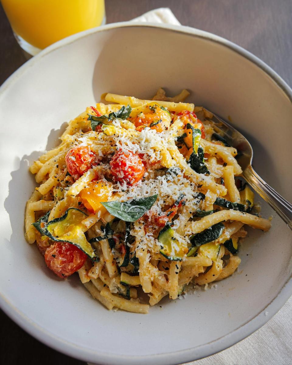 A bowl of delicious Tomato Zucchini Pasta, topped with grated cheese and fresh basil.