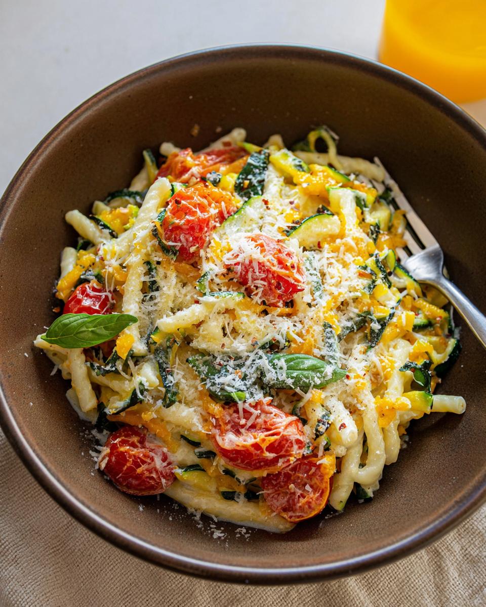 A close-up of a bowl of Tomato Zucchini Pasta, topped with grated cheese and fresh basil.