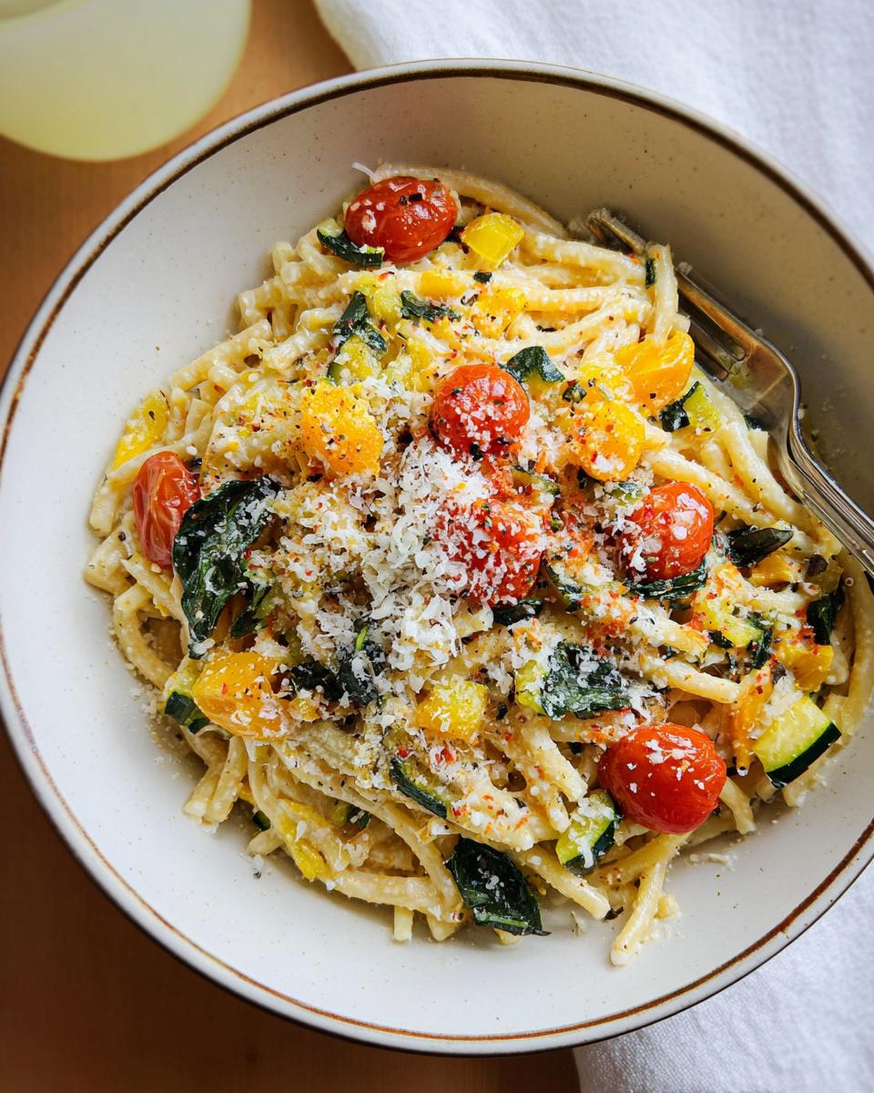 A bowl of keto Tomato Zucchini Pasta topped with cherry tomatoes, zucchini, herbs, and grated cheese.