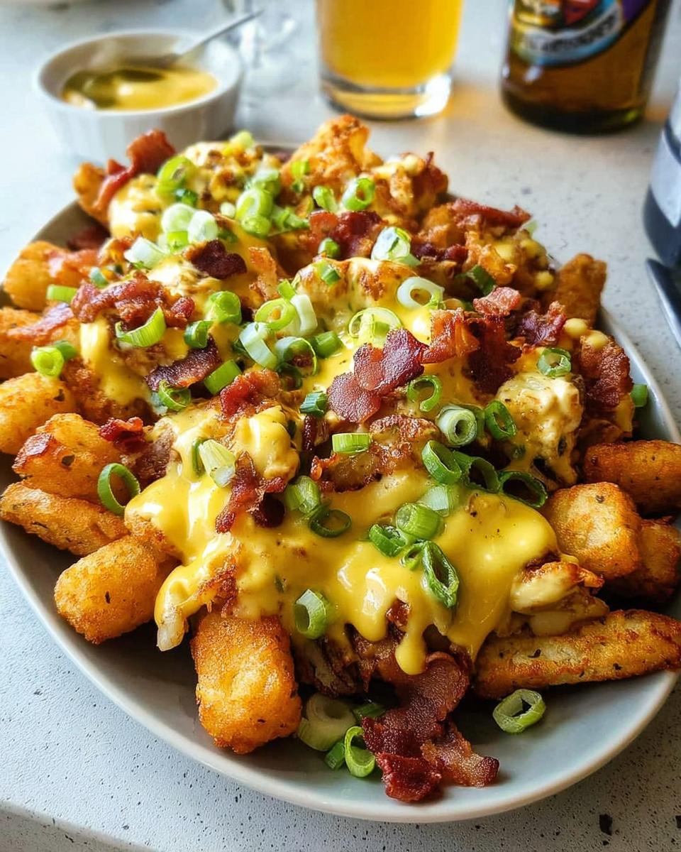 A plate of Ultimate Breakfast Poutine topped with creamy hollandaise sauce, bacon, and green onions.