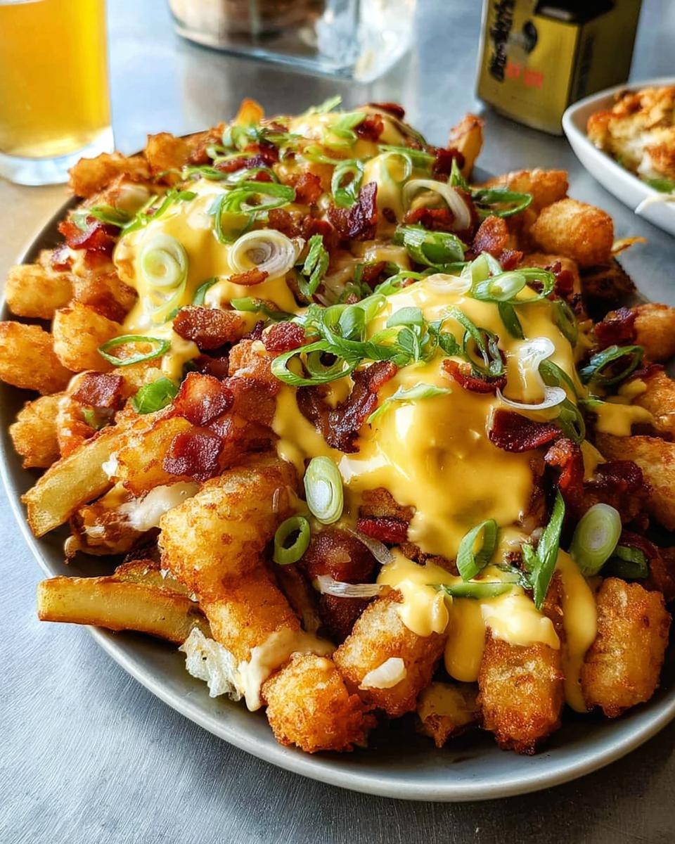 A plate piled high with Ultimate Breakfast Poutine, featuring crispy tater tots, french fries, bacon, cheese sauce, and green onions.