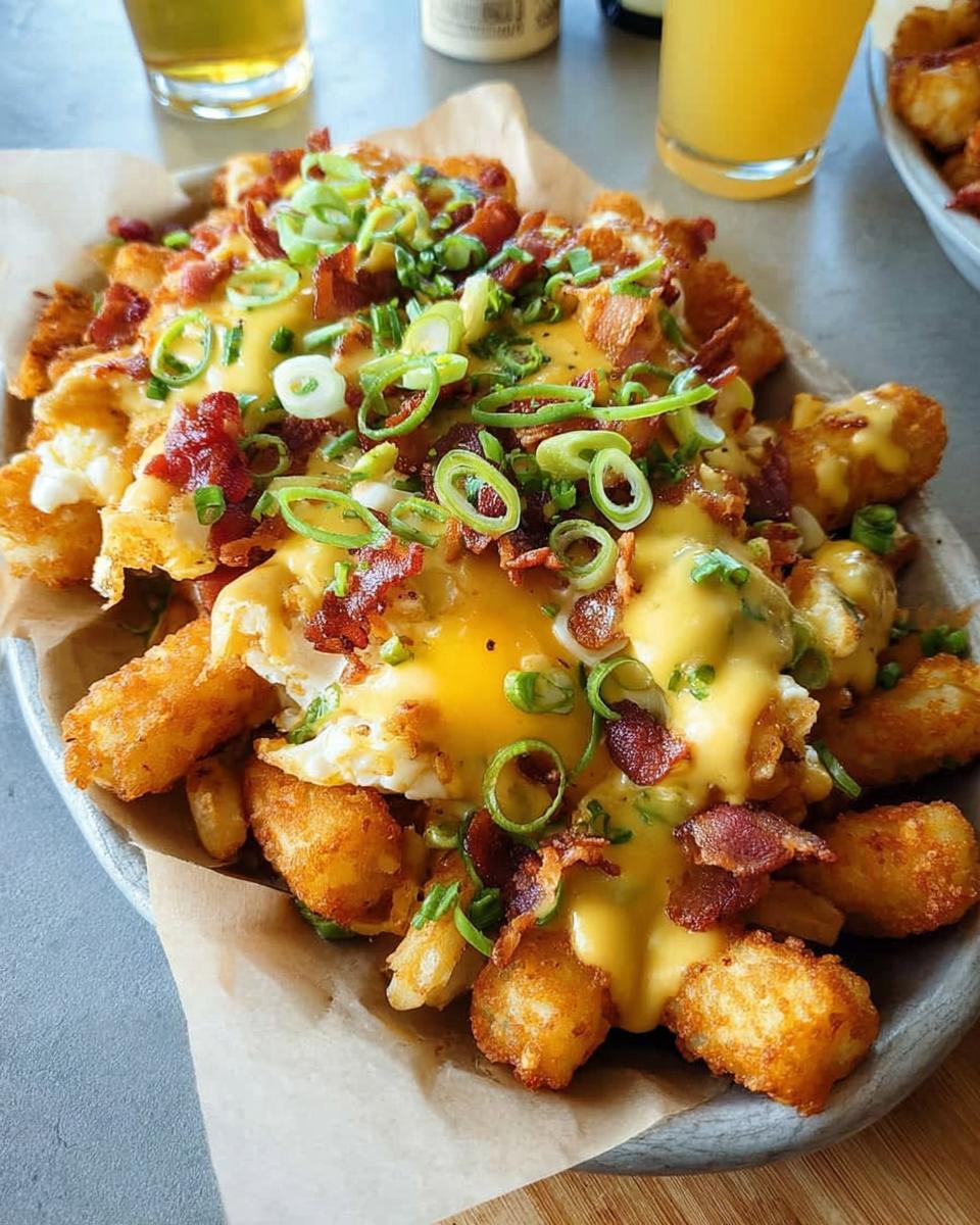 A close-up of Ultimate Breakfast Poutine with crispy tater tots, scrambled eggs, bacon, and creamy hollandaise sauce, garnished with green onions.