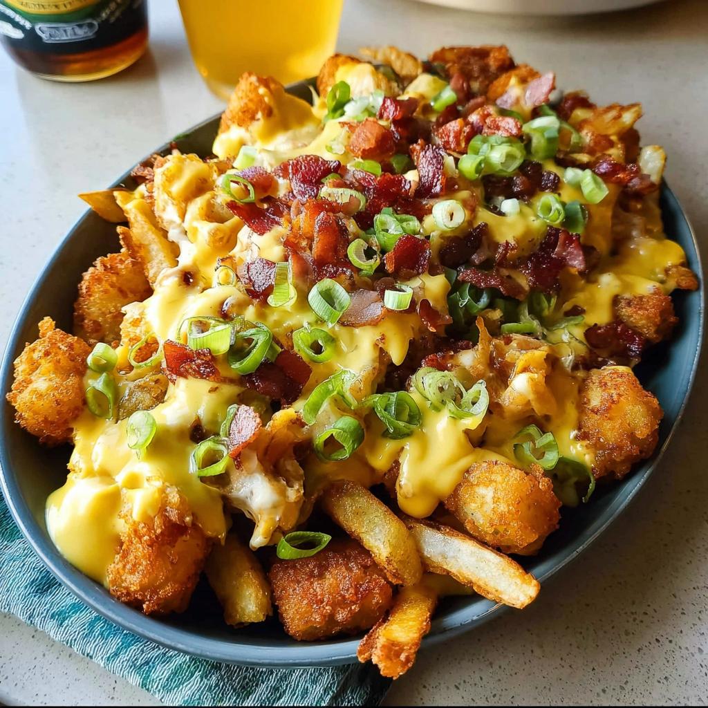 A close-up of Ultimate Breakfast Poutine topped with creamy hollandaise sauce, crispy bacon, and green onions.