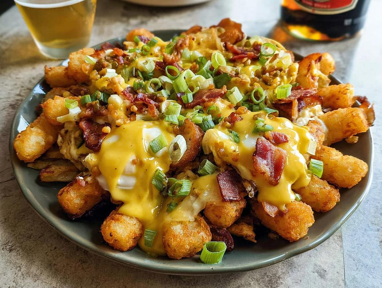 A plate of Ultimate Breakfast Poutine topped with creamy hollandaise sauce, bacon, and green onions.