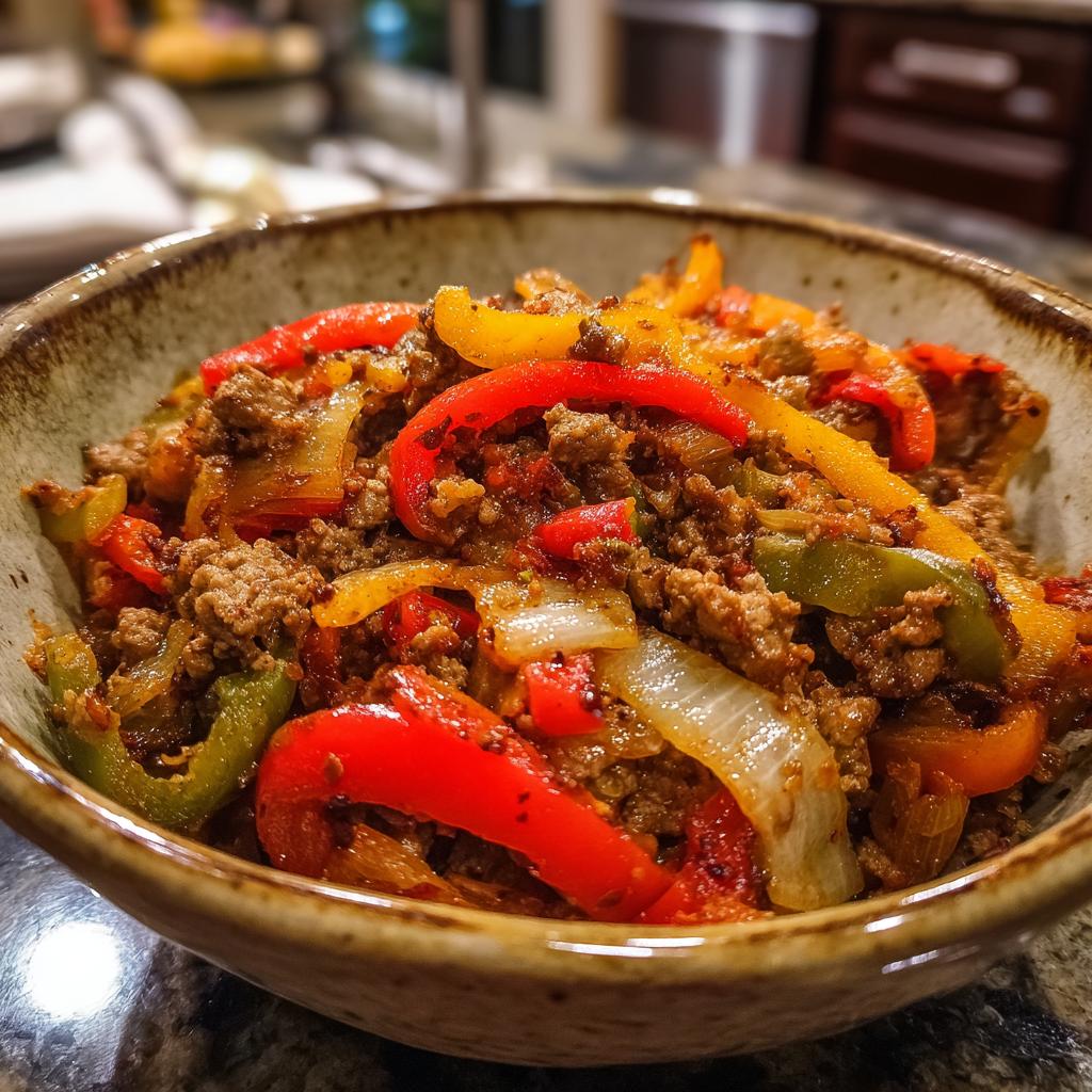A bowl of 1-pan sausage and peppers, showcasing colorful bell peppers and seasoned ground meat, perfect for easy dinner recipes.