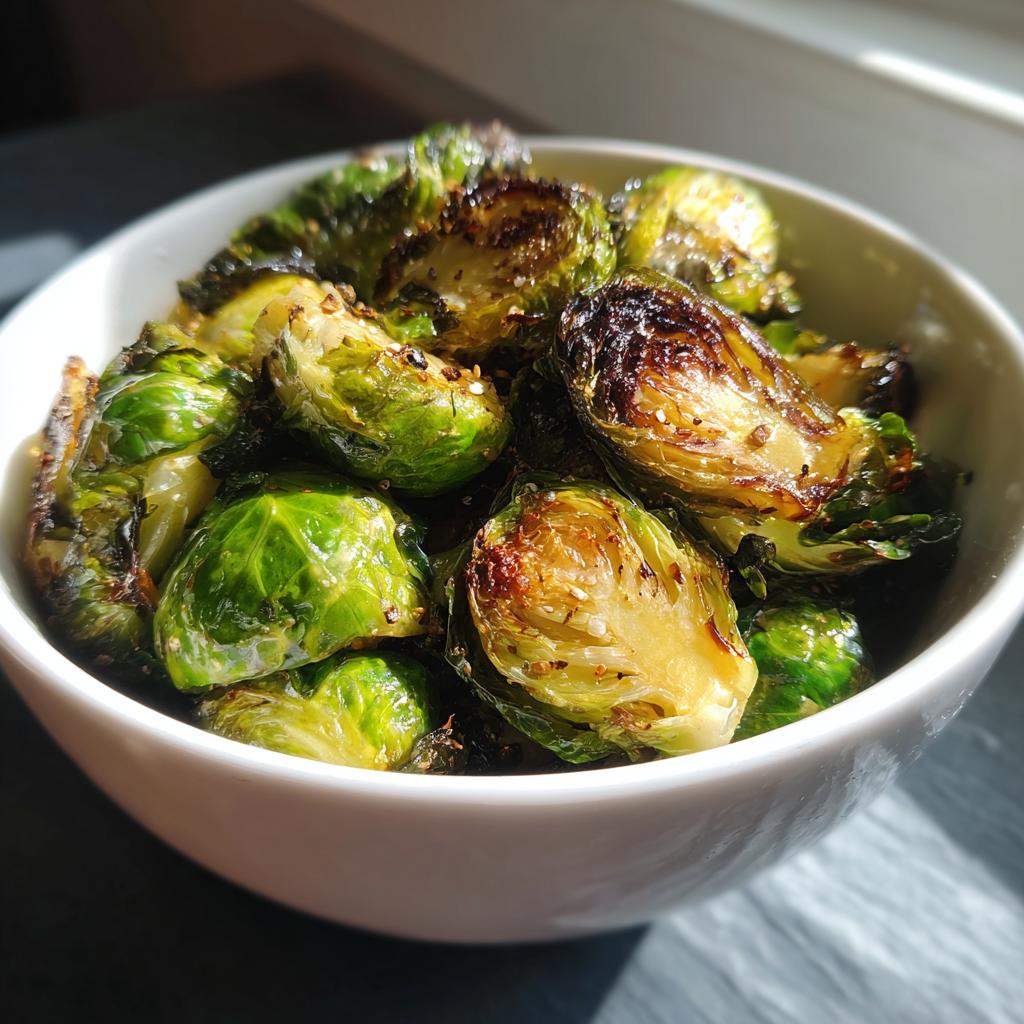 Close-up of a white bowl filled with perfectly crisp and caramelized air fryer brussels sprouts.