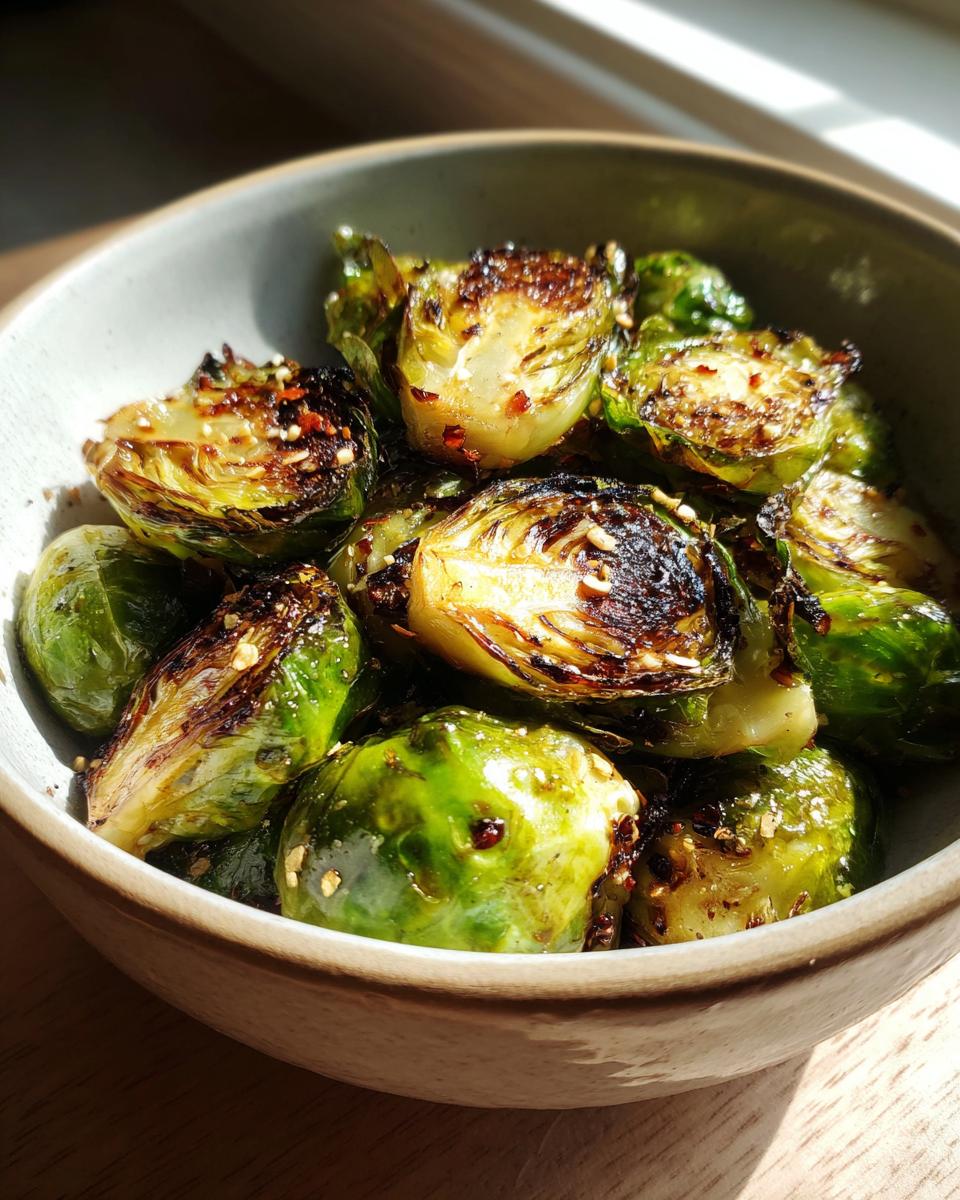 A close-up of a bowl filled with perfectly air-fried Brussels sprouts, showing their crisp, caramelized edges and vibrant green leaves.
