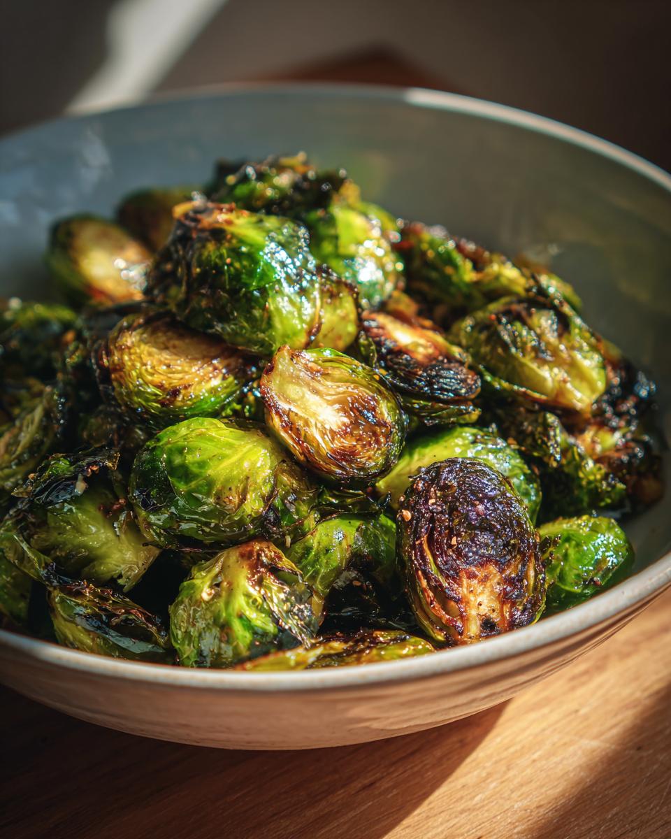 A close-up of perfectly crisp and caramelized Brussels sprouts in a bowl, showcasing their vibrant green color and charred edges.