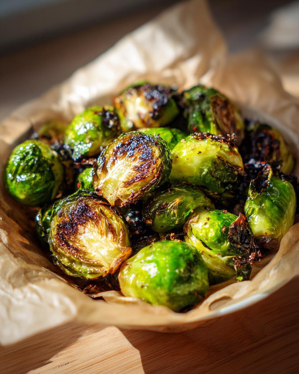 Close-up of perfectly crisp and caramelized Brussels sprouts in an air fryer recipe, showing their vibrant green color and charred edges.
